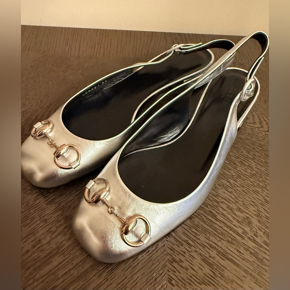 Gucci Horsebit women’s Slingback Flats in silver metallic size 39 US 9 - Picture 2 of 12